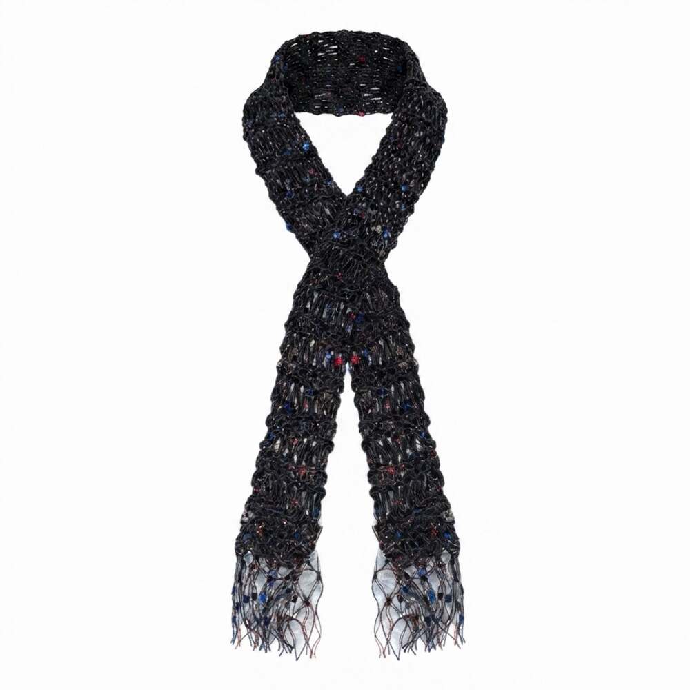 Black Shimmering Crochet Skinny Scarf with Multi-Colored Sequins & Tassel Fringe